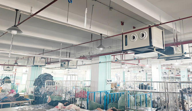 制衣廠制冷降溫，應用蒸發冷省電空調-蒸發冷吊式射流型空調